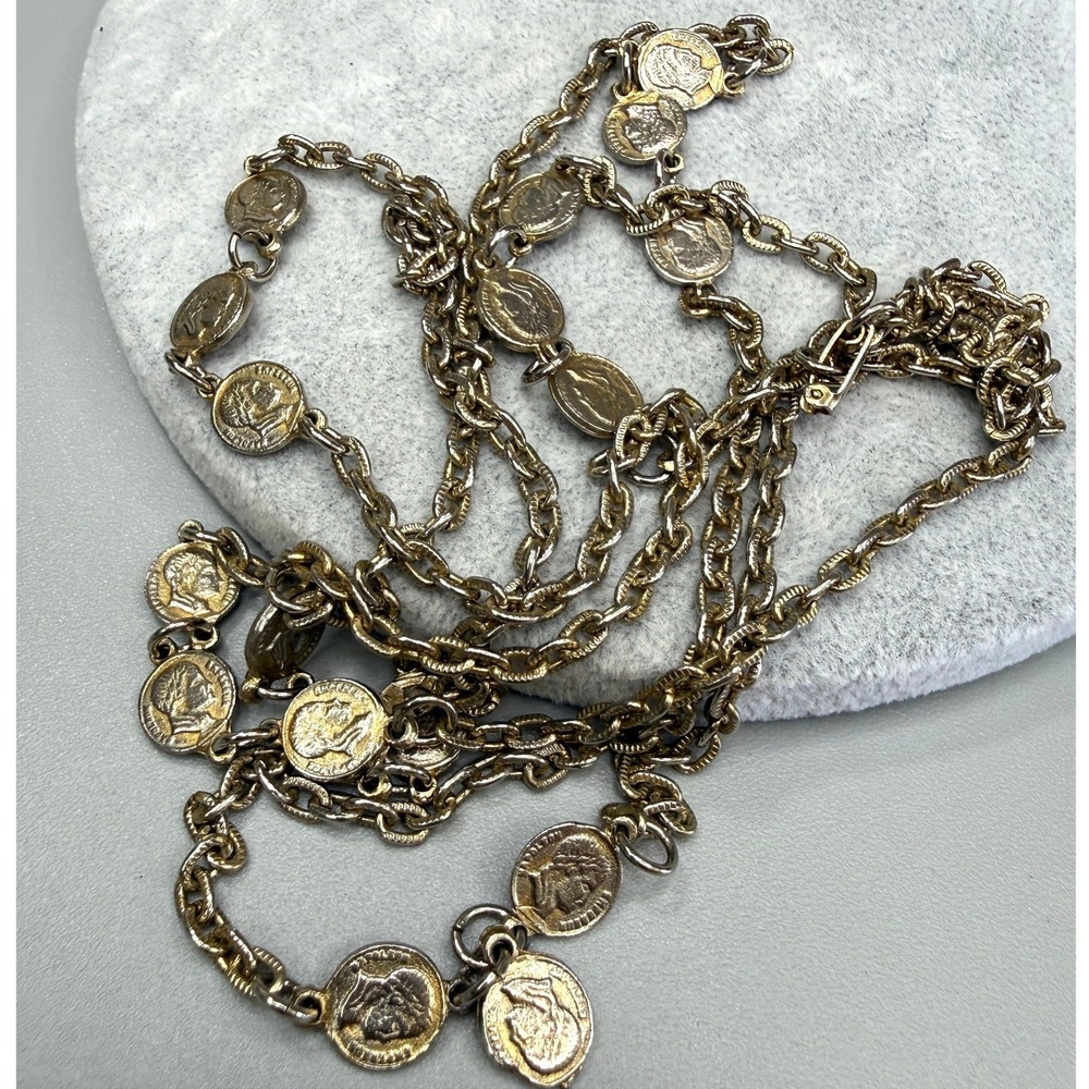 Vintage Two Tone Faux Coin Necklace 50" Long Flapper Layering